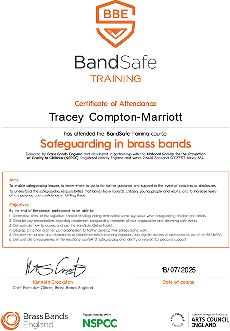 Tracey Compton-Marriott Bandsafe Certificate (1)